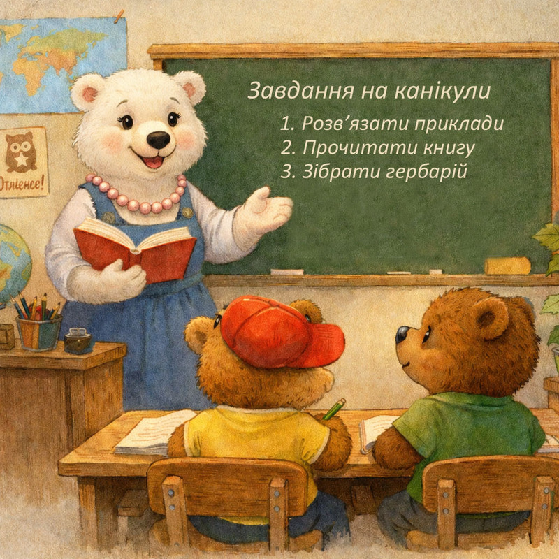 Вчителька — добра, але сувора біла ведмедиця Белла Ведмежатівна.