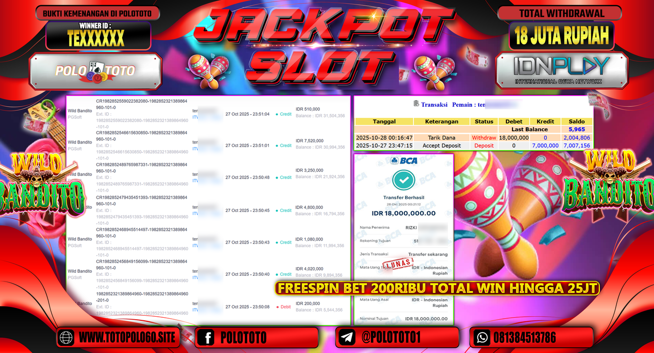POLOTOTO JACKPOT SLOT WILD BANDITO Rp.18.000.000,- LUNAS