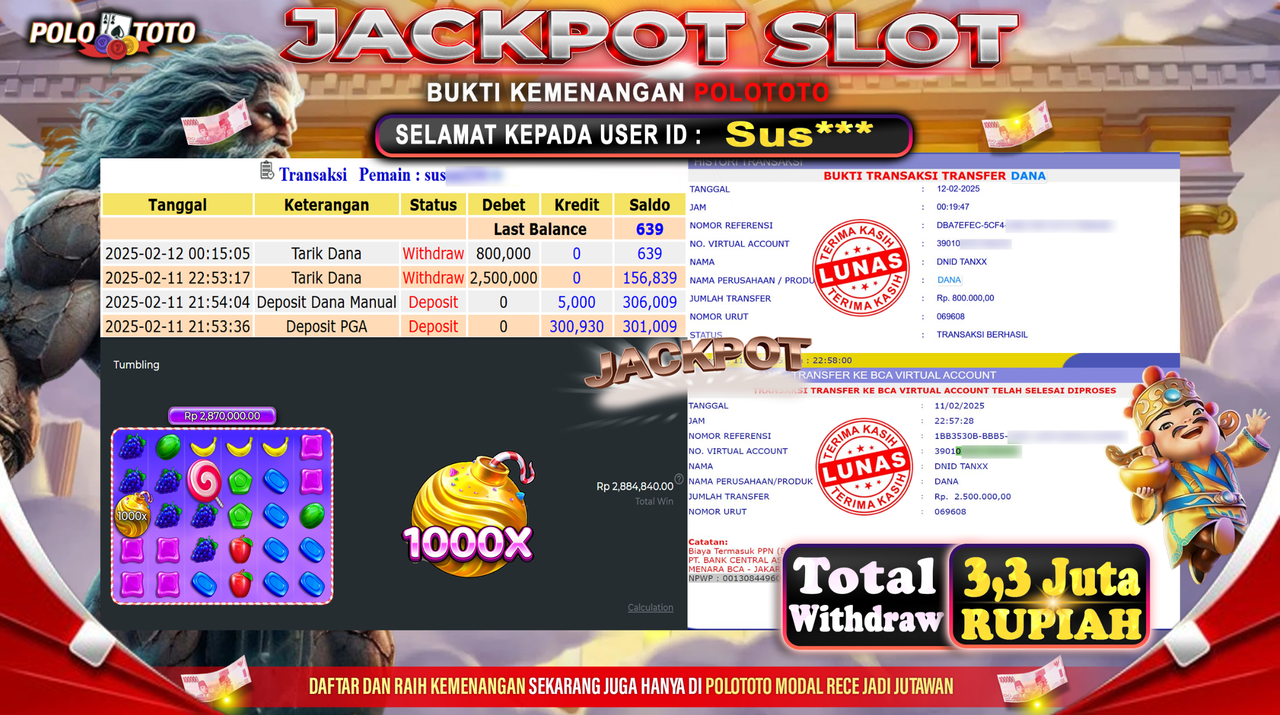 POLOTOTO JACKPOT SLOT SWEET BONANZA 1000 Rp.3.300.000,-