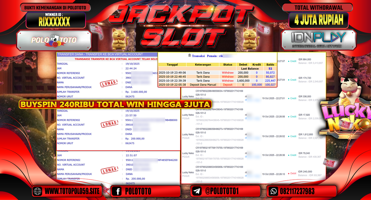POLOTOTO JACKPOT SLOT LUCKY NEKO Rp.4.000.000,- LUNAS