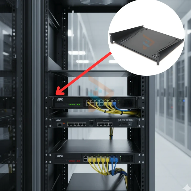 Prateleira Fixa APC AR8105BLK sendo instalada em um rack de servidor