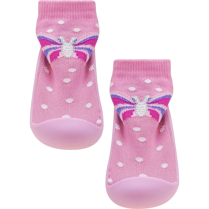 Meia com sola rosa infantil antiderrapante borboleta miniatura 4