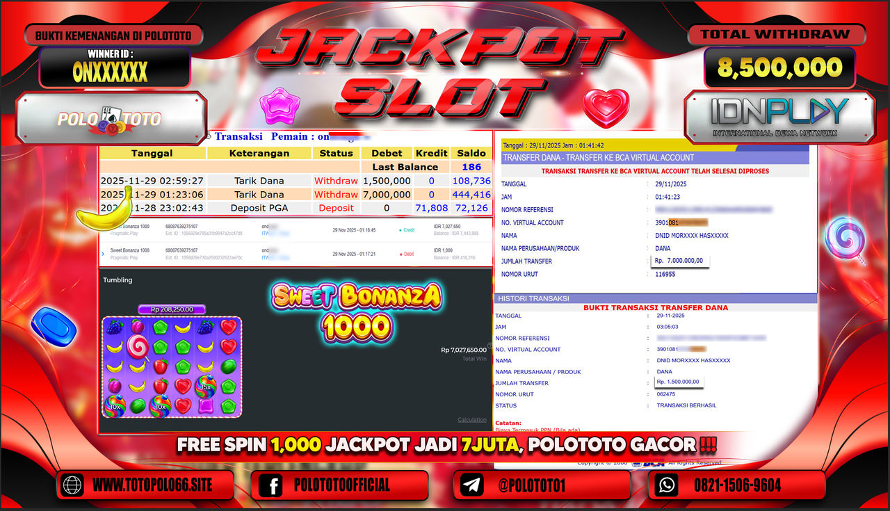 POLOTOTO JACKPOT SLOT SWEET BONANZA 1000 Rp.8.500.000,- LUNAS