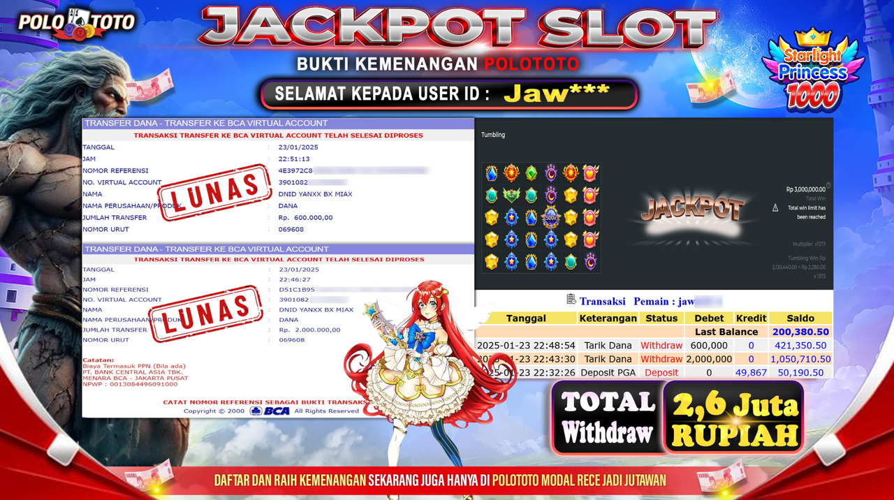 POLOTOTO JACKPOT SLOT STARLIGHT PRINCESS 1000 Rp.2,600.000,-