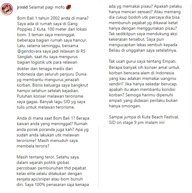 Unggahan Jerinx SID di instagram