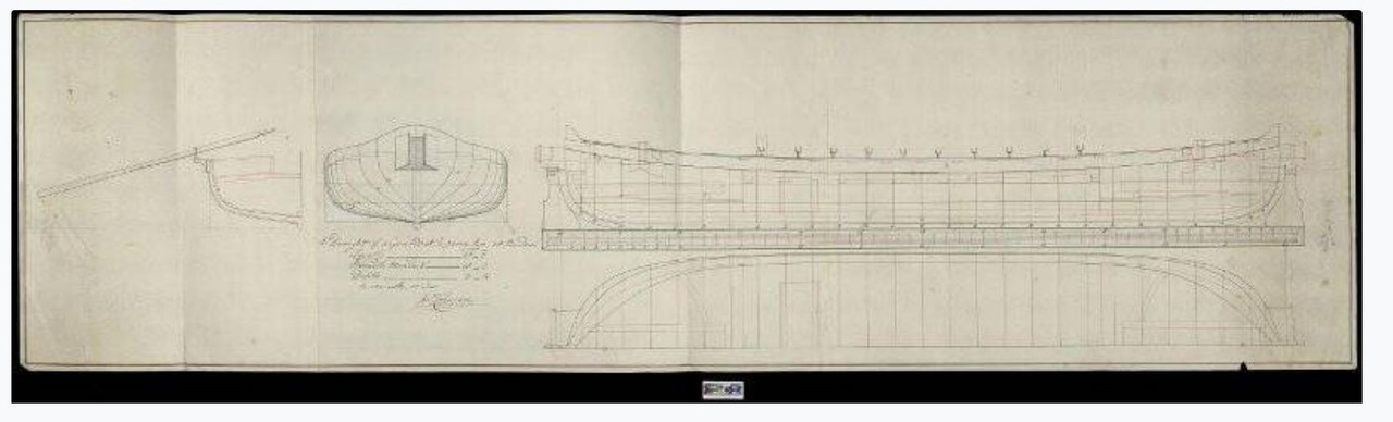 еоретический чертеж в 3-х проекциях канонерской 20 весельной лодки.