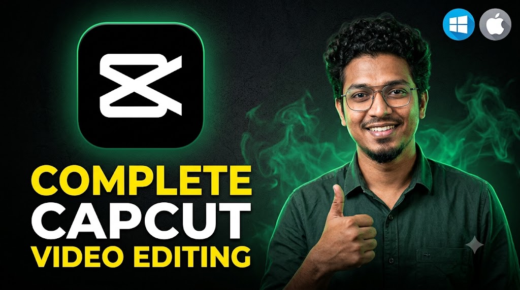 AI-generated example result for the youtube-thumbnail prompt: Complete CapCut Video Editing Thumbnail – Windows & macOS Tutorial Design AI YouTube Thumbnail Prompt