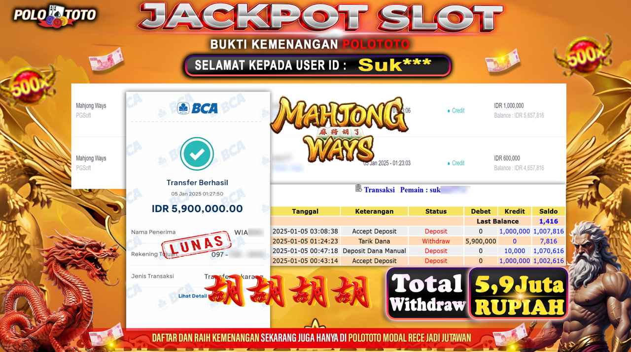 POLOTOTO JACKPOT SLOT MAHJONG WAYS Rp.5,900.000,-