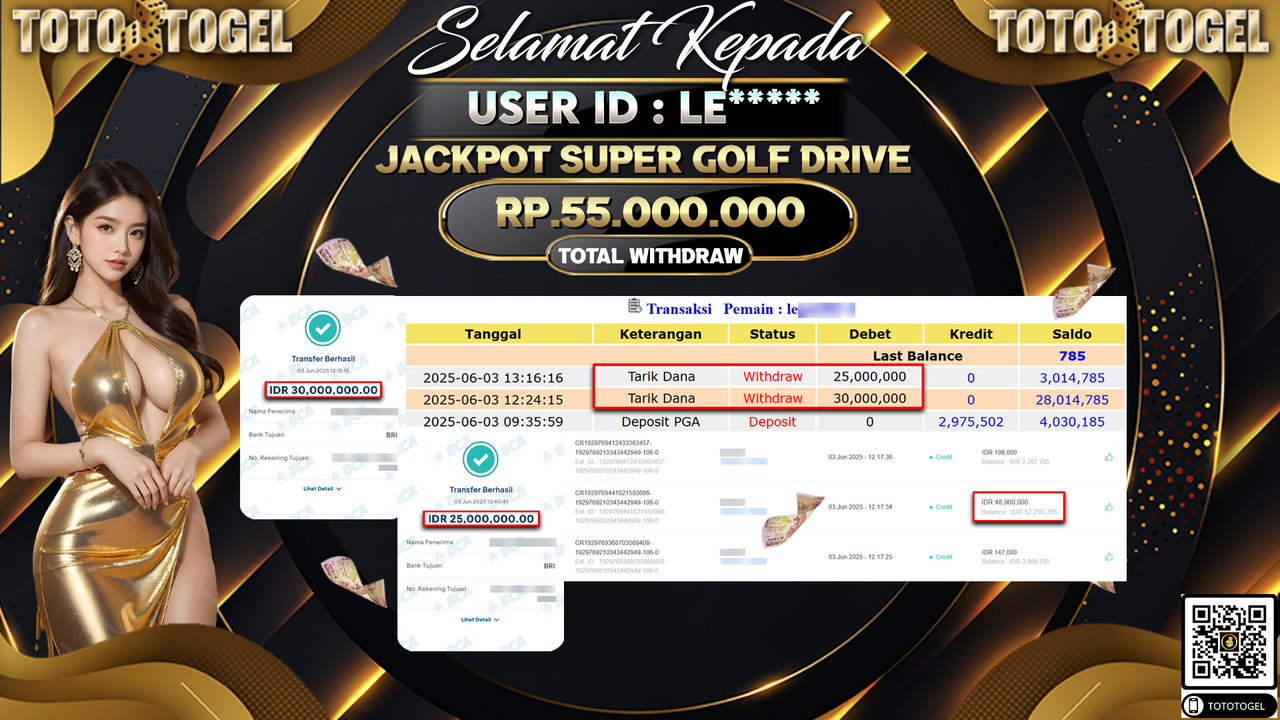Bukti Pembayaran Jackpot Permainan Slot Super Golf Drive ID:LE***** LUNAS