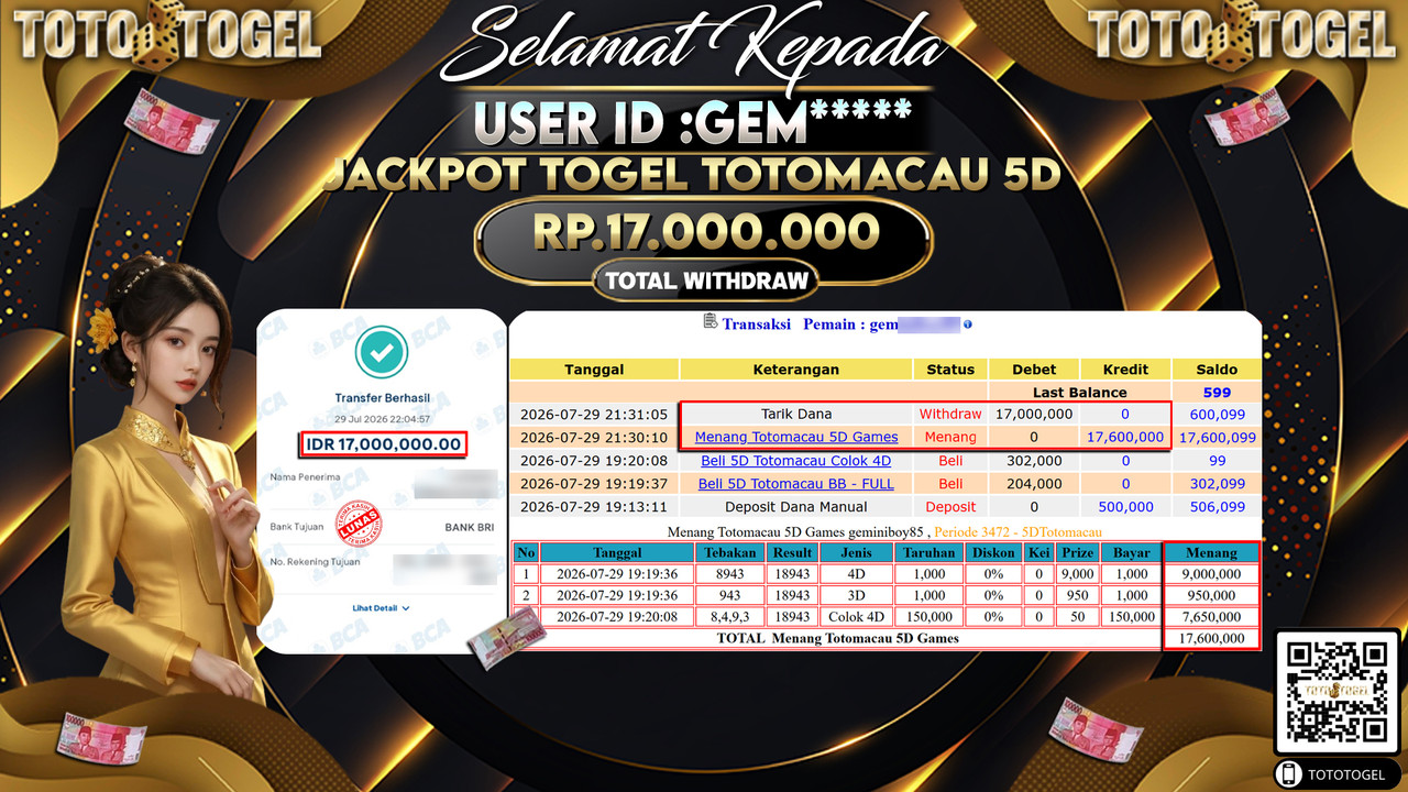 Bukti Pembayaran Jackpot TOGEL TOTOMACAU 5D ID:GEM**** LUNAS