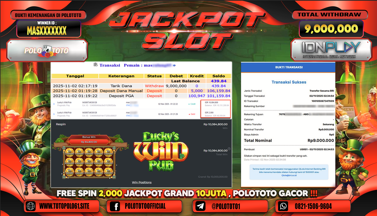 POLOTOTO JACKPOT SLOT LUCKYS WILD PUB Rp.9.000.000,- LUNAS