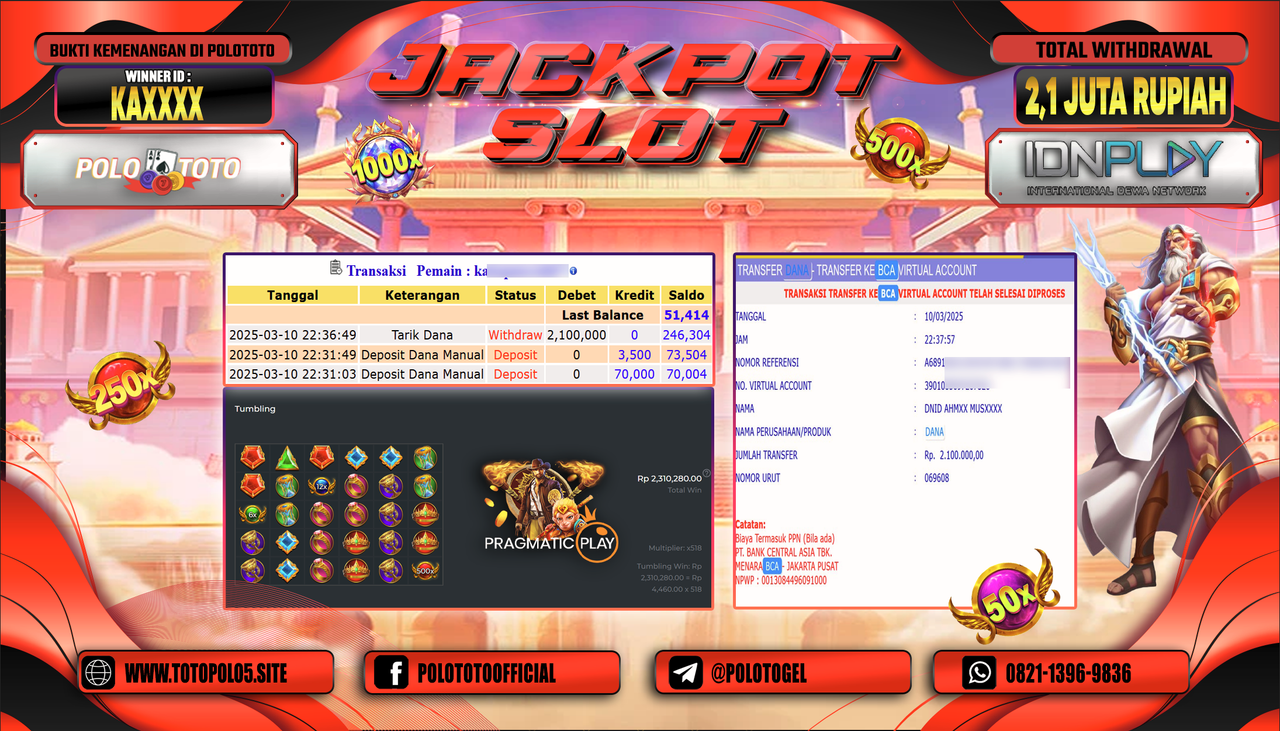 POLOTOTO JACKPOT SLOT GATES OF OLYMPUS 1000 Rp.2.100.000,-