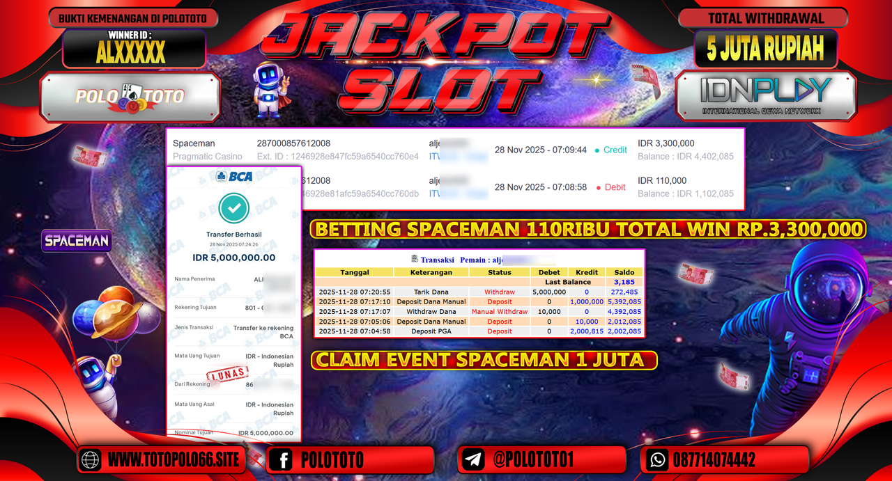 POLOTOTO JACKPOT SLOT SPACEMAN Rp.5.0000.000,- LUNAS