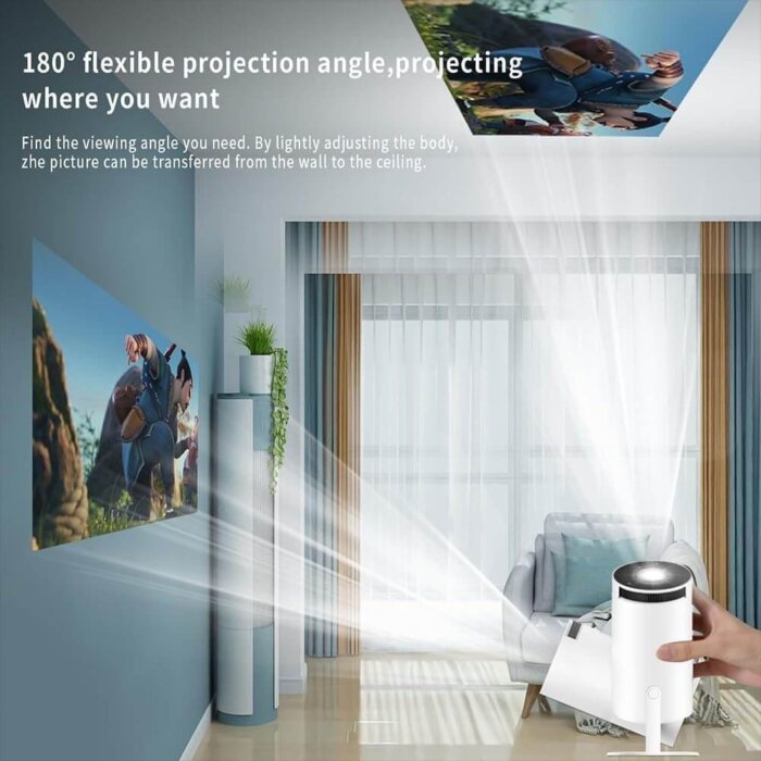 Proyector mini portátil HY300 mostrando su diseño elegante y compacto.