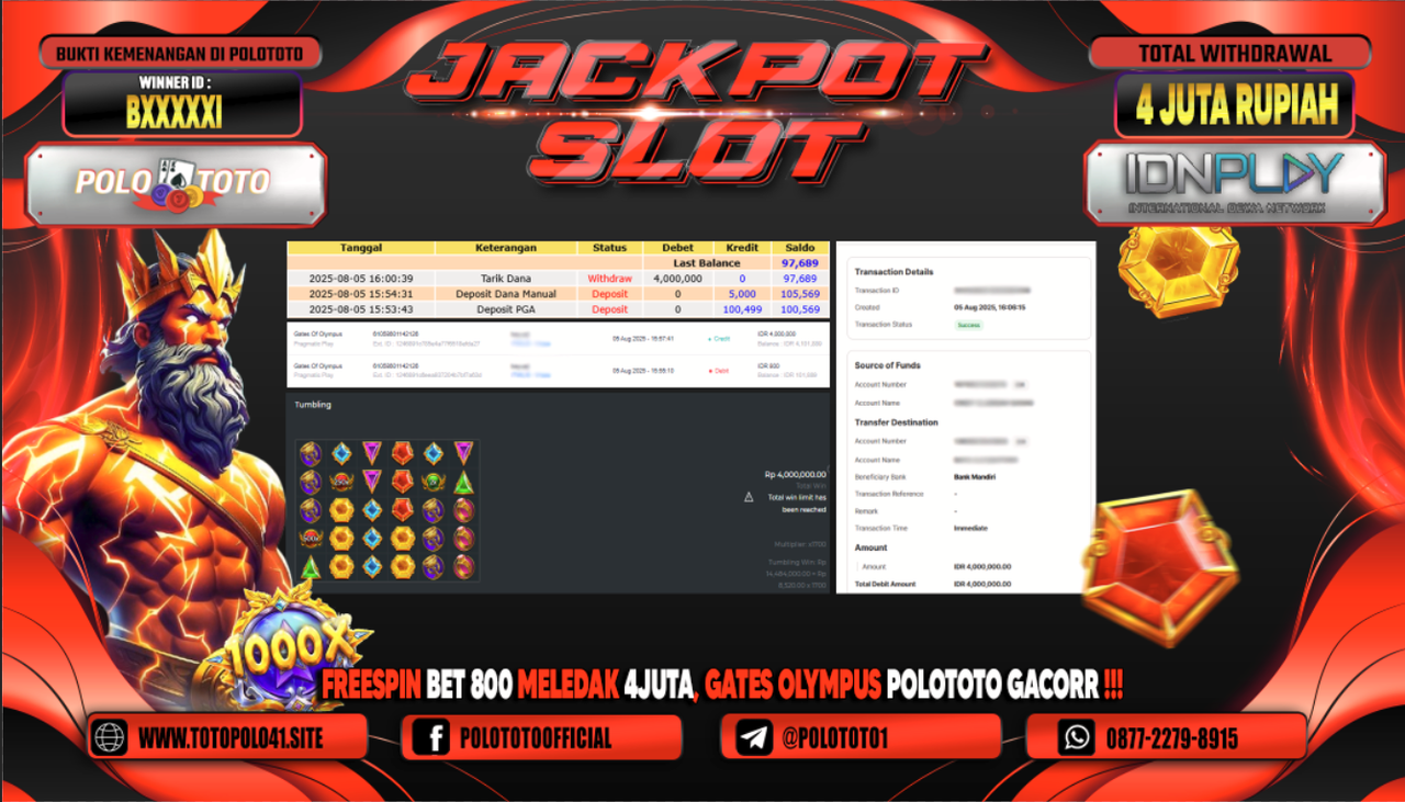 POLOTOTO JACKPOT SLOT GATES OF OLYMPUS Rp.4.000.000,-LUNAS