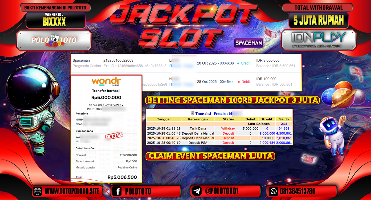 POLOTOTO JACKPOT SLOT SPACEMAN Rp.5.000.000,- LUNAS
