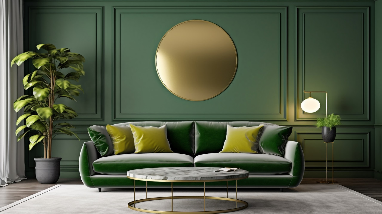 Modern Living Room Design with Green Velvet Sofa and Marble Table