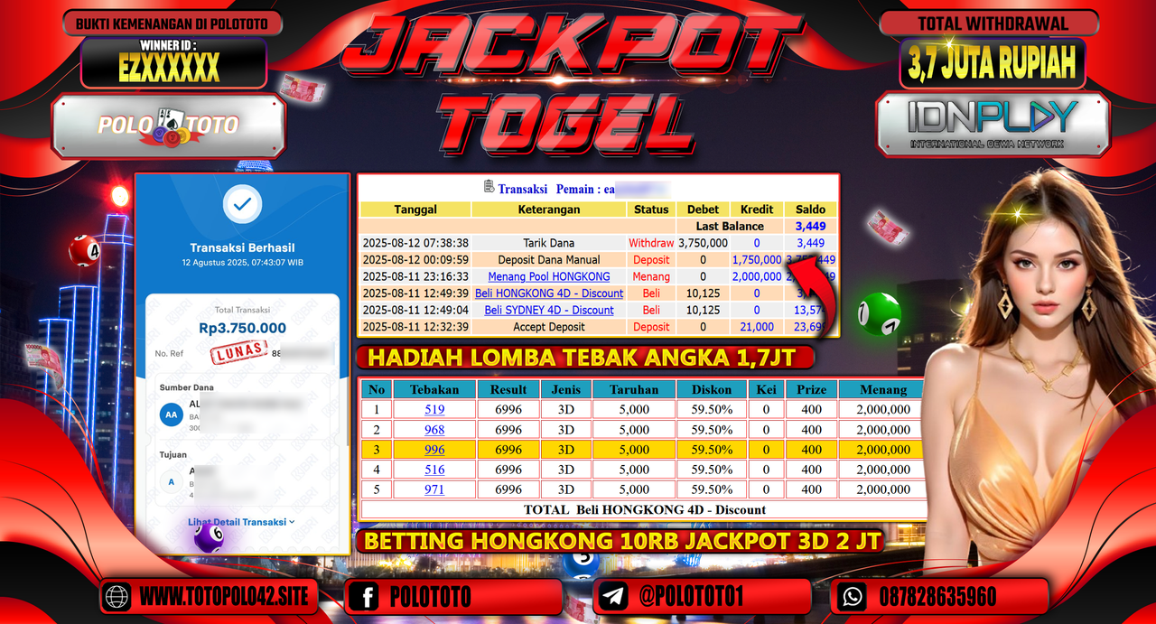 POLOTOTO JACKPOT TOGEL HONGKONG LOTTO Rp.3.700.000,-LUNAS
