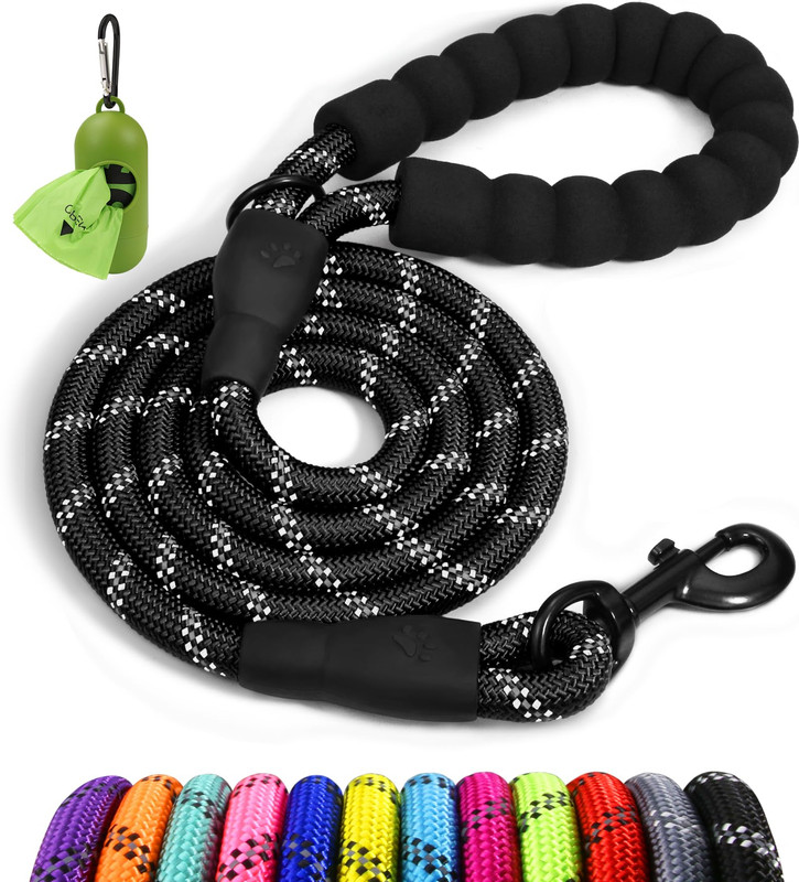 Taglory Rope Dog Leash 6 FT Reflective Black