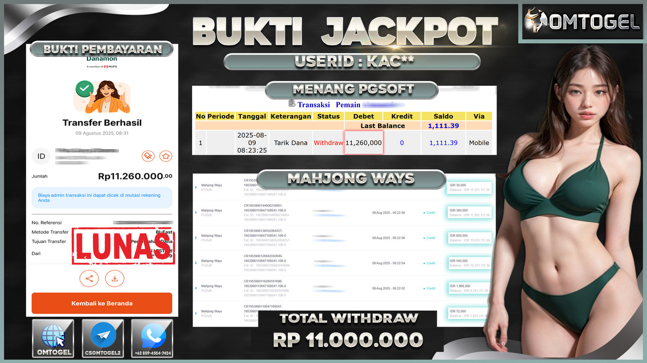 OMTOGEL JACKPOT PGSOFT MAHJONG WAYS 11 JUTA DI BAYAR LUNAS ,-
