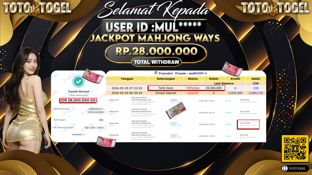 Bukti Pembayaran Jackpot Permainan Slot Mahjong Ways ID:MUL*****LUNAS