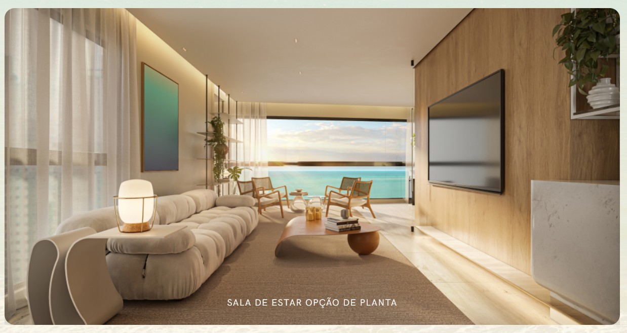 Sala de estar integrada com acabamento sofisticado do Casa Mar