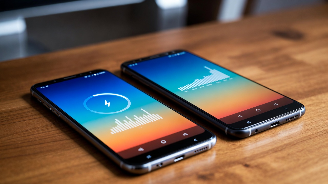 Two smartphones placed side by side on a wooden table, showing a data transfer animation on screens