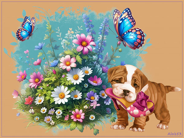Hond-met-sloef-en-vlinders