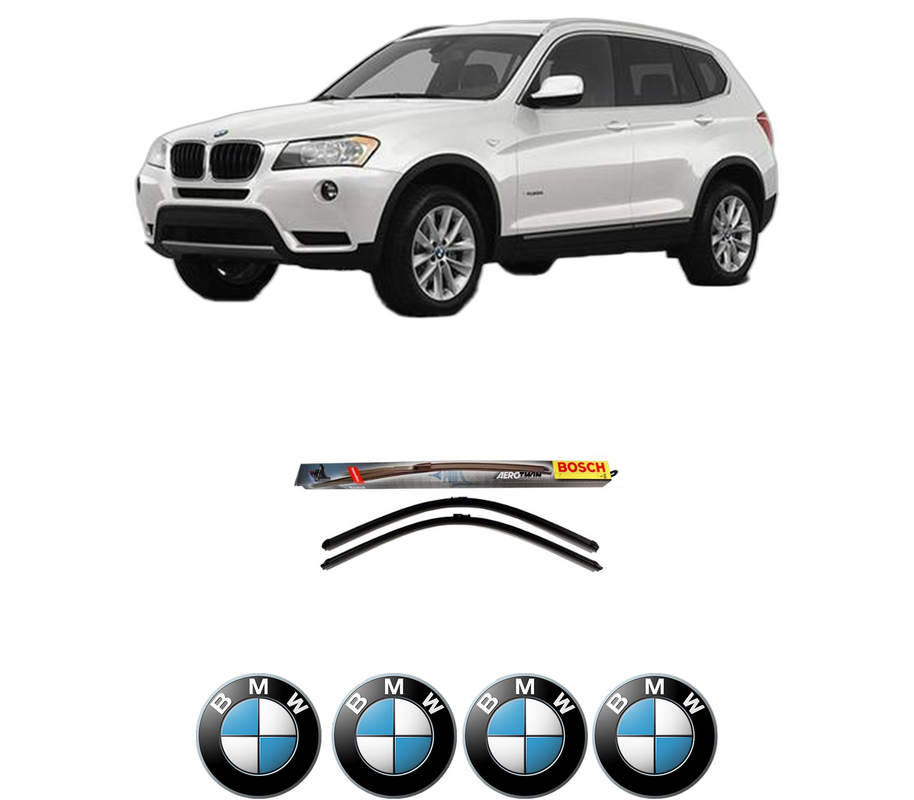 Set stergatoare auto BMW Seria X3 (F25) din 2010-2017, pentru parbriz auto, 2 bucati, Bosch Aerotwin, din cauciuc siliconat rezistent, 4 Stickere Auto BMW Seria