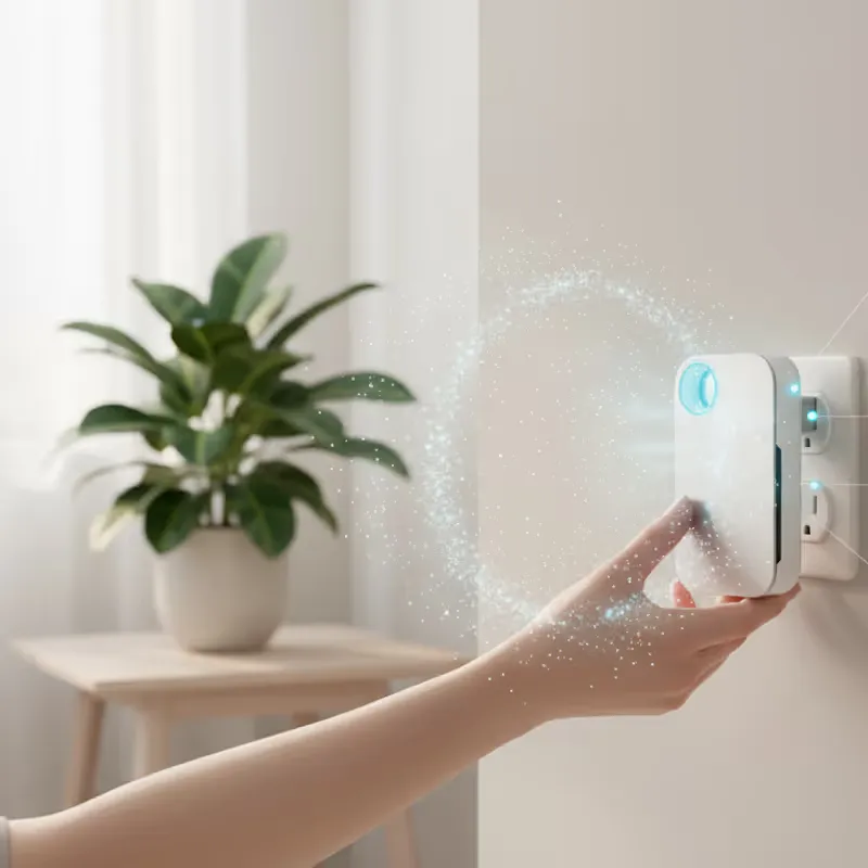 IonClear negative ion air purifier plugged into a wall outlet, emitting clean ionized air next to a houseplant