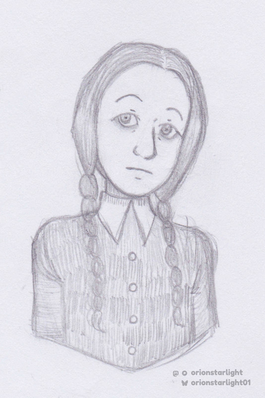 My drawing of Wednesday Addams from The Addams Family. I specifically referenced Charles Addams’ original version of the character.