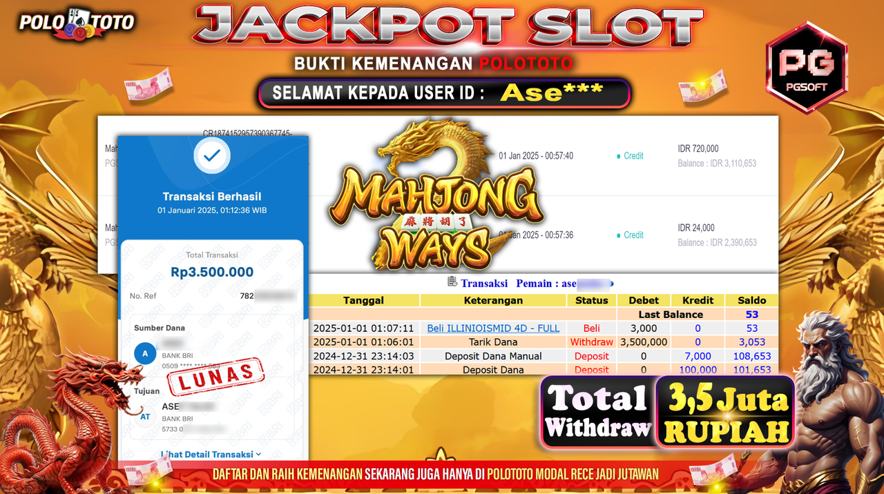 POLOTOTO JACKPOT SLOT MAHJONG WAYS Rp.3,500.000,-