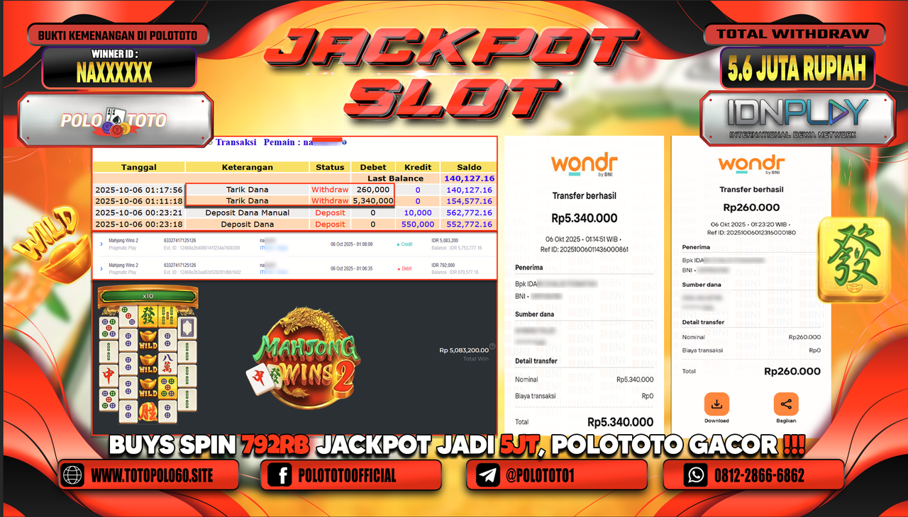 POLOTOTO JACKPOT SLOT MAHJONG WINS 2 Rp.5.600.000,- LUNAS