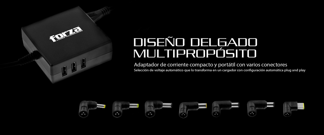 Gráfico mostrando la selección automática de voltaje y el puerto USB del adaptador.
