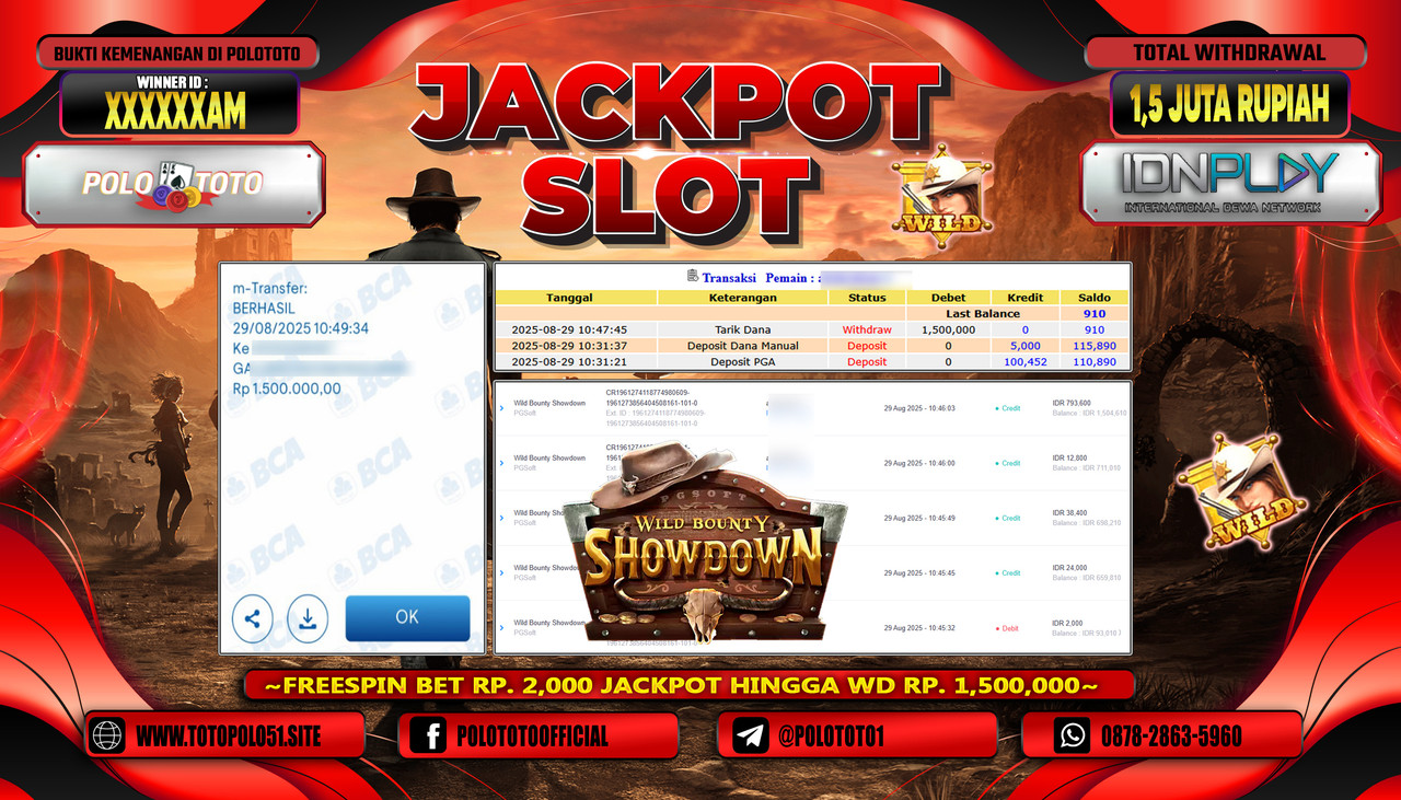 POLOTOTO JACKPOT SLOT WILD BOUNTY SHOWDOWN Rp.1.500.000,- LUNAS