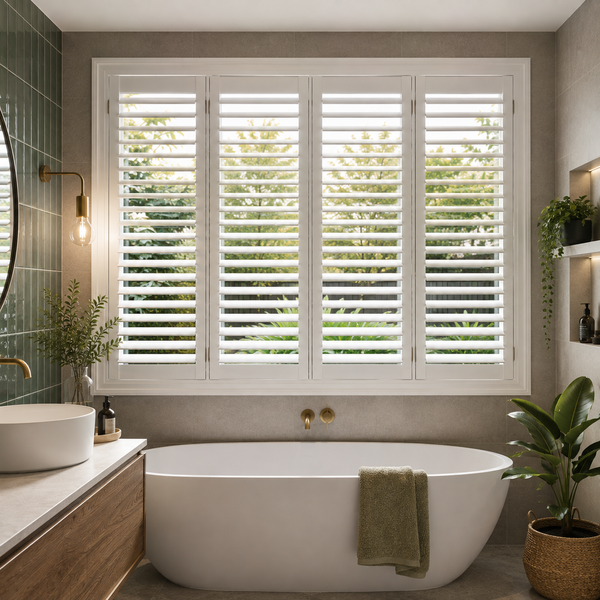 White PVC plantation shutters in a bright room