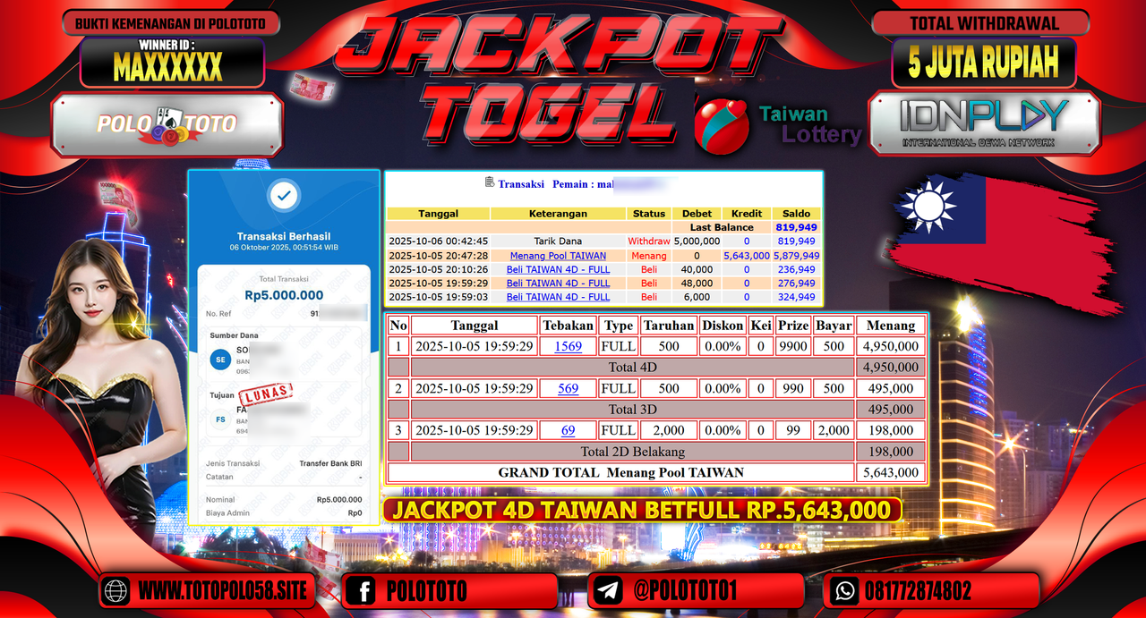 POLOTOTO JACKPOT TOGEL MENANG POOL TAIWAN Rp.5.000.000,- LUNAS