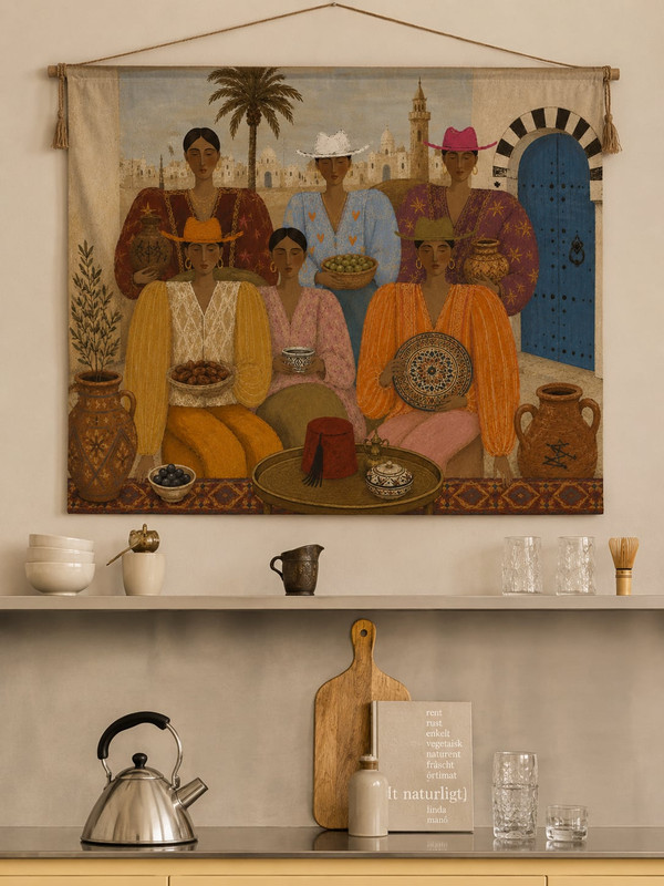 tunisian ladies fabric flag hanging on a wall