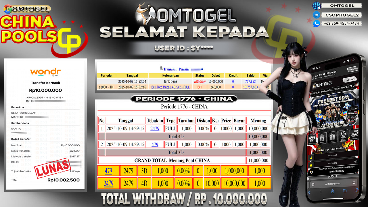 OMTOGEL JACKPOT CHINA 4D 3D 10 JUTA DI BAYAR LUNAS ,-