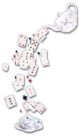 A teapot pouring down playing cards into a teacup. They float up and down.