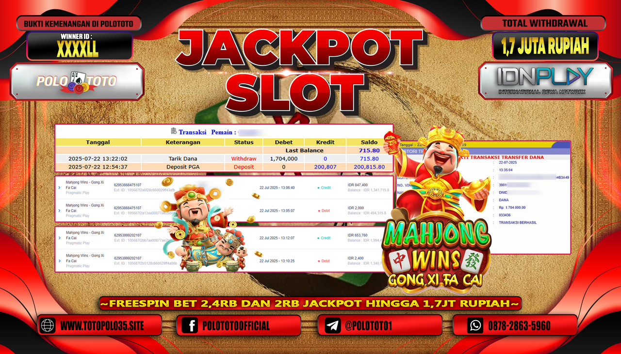 POLOTOTO JACKPOT SLOT MAHJONG WINS - GONG XI FA CAI Rp.1.700.000,- LUNAS