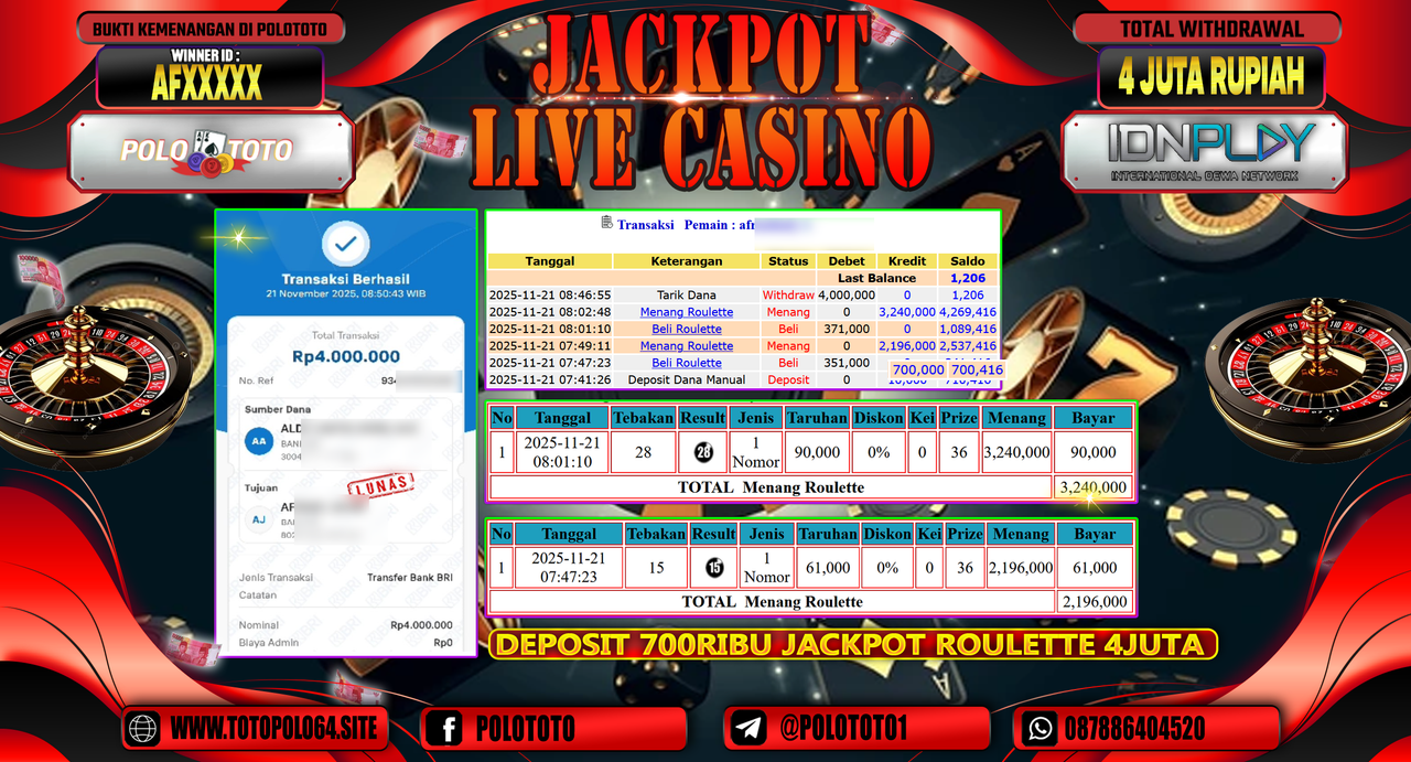POLOTOTO JACKPOT LIVE CASINO MENANG ROULETTE Rp.4.000.000,- LUNAS