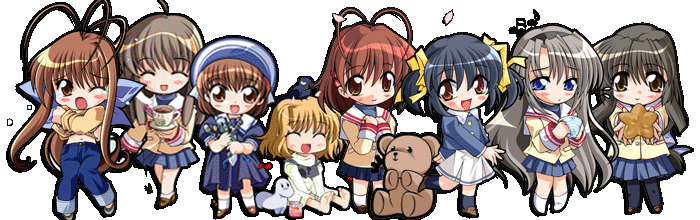 art of the female cast of the anime and visual novel 'clannad' as chibis. they are in a line, serving as divider between the text.