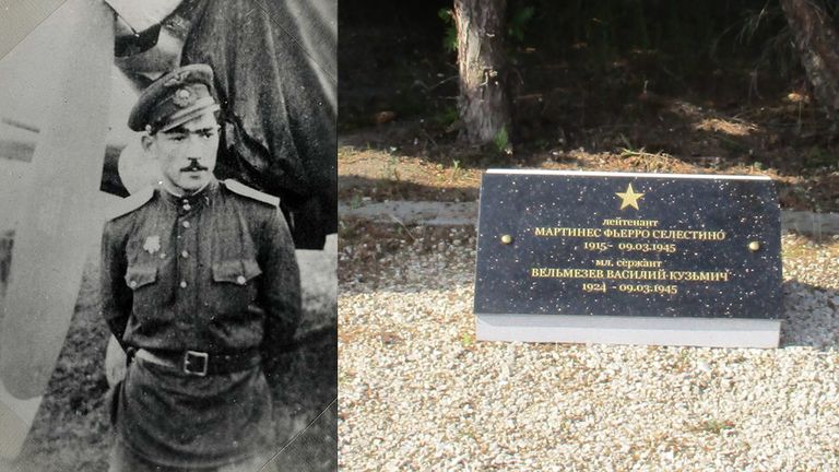 A la izquierda, el teniente asturiano de aviación Celestino Martínez Fierros, junto a su avión soviético a principios de los años 40. A la derecha, la placa conmemorativa con su nombre, el de su artillero y las fechas de nacimiento y muerte. MINISTERIO DE DEFENSA DE LA FEDERACION RUSA