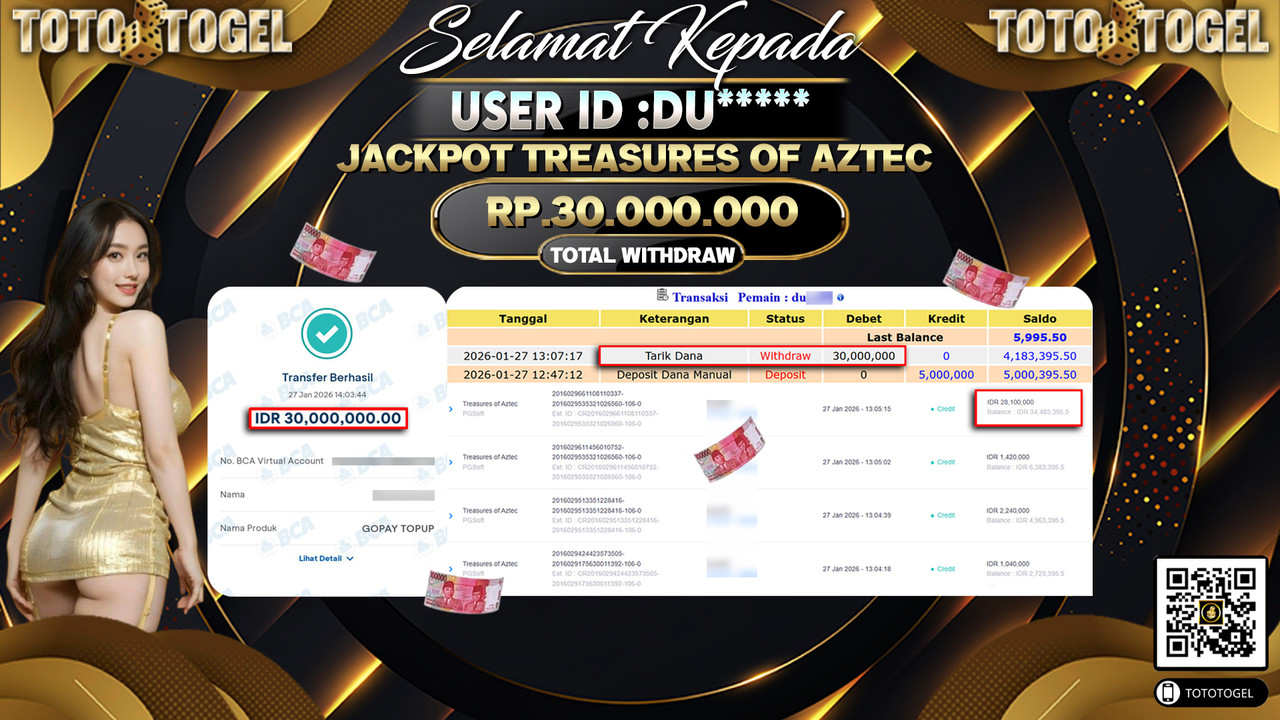 Bukti Pembayaran Jackpot Permainan Slot Treasures Of Aztec ID:DU*****LUNAS