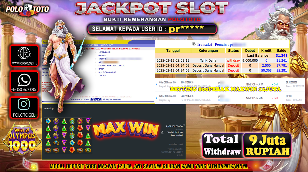 POLOTOTO JACKPOT SLOT GATES OF OLYMPUS 1000 Rp.9.000.000,-