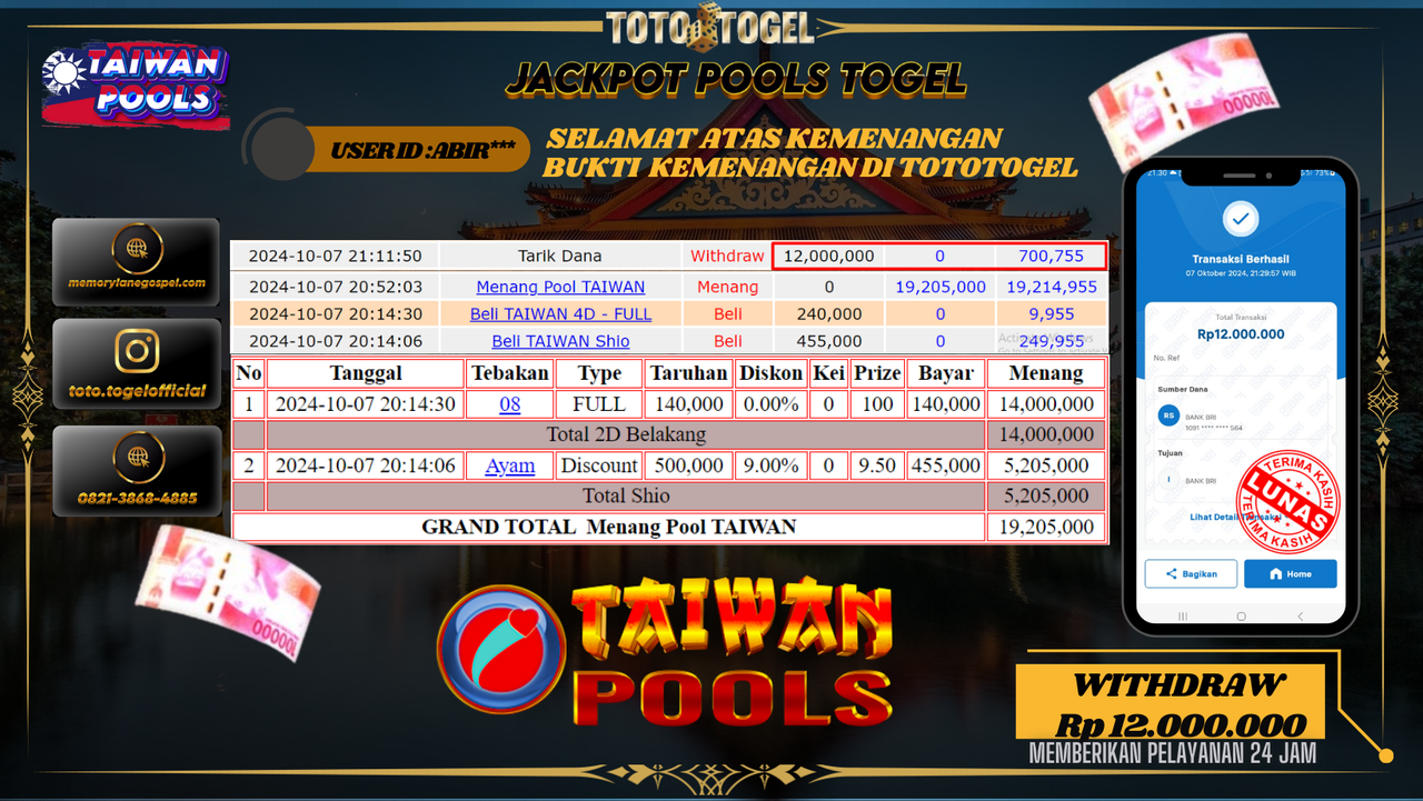 Bukti Kemenangan Permainan Pools Togel Taiwan ID : ABIR*** Terbayar Lunas!!