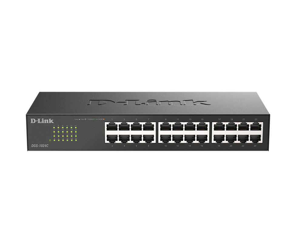 Switch D-Link de 24 puertos con indicadores LED.