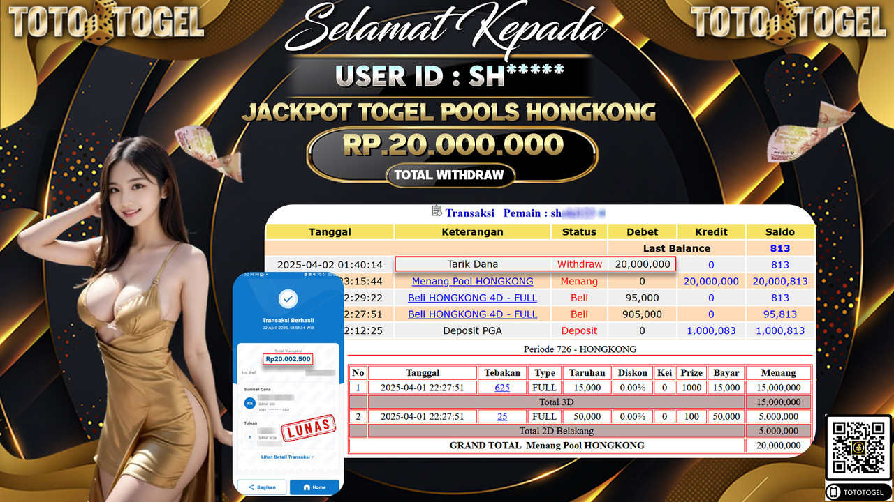 Bukti Pembayaran Jackpot  Permainan Togel Pools Hongkong ID:SH**** LUNAS
