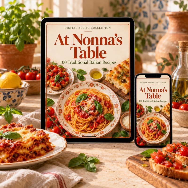 At Nonna’s Table digital recipe collection shown on a tablet and smartphone with Italian dishes